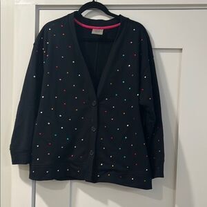 Terez Black Sweatshirt Cardigan with Bedazzled Multi-Color Rhinestones, Size M